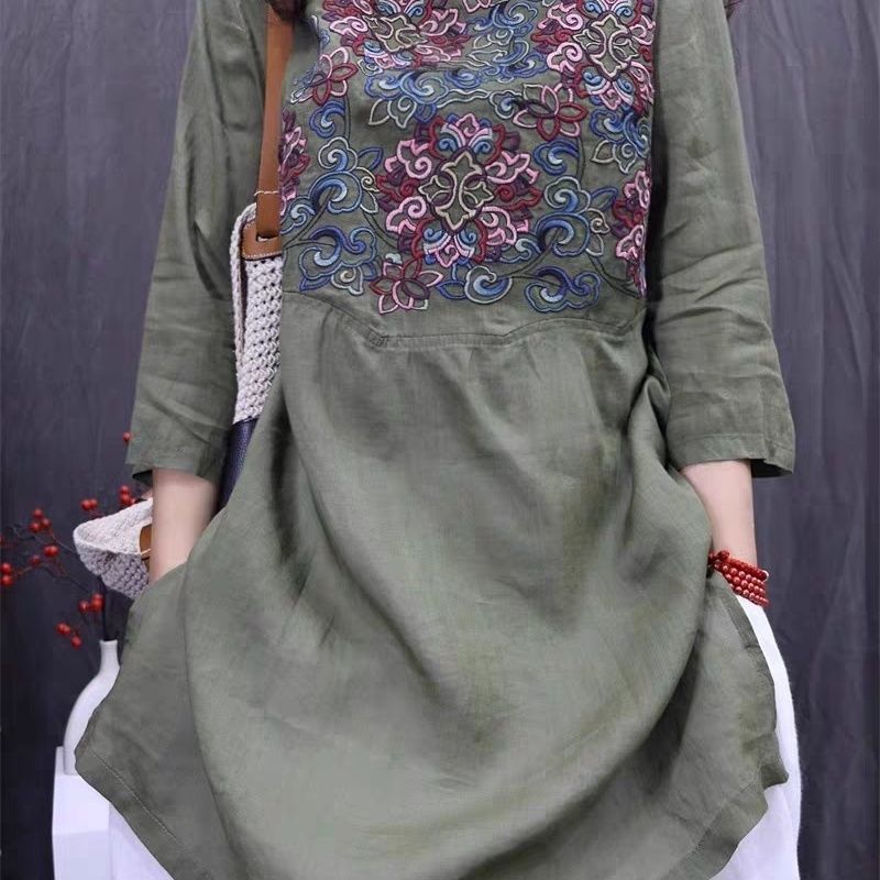 復古 顯瘦 重工刺繡 文藝 百搭 棉麻 包邊 寬鬆洋氣 中長款 襯衫 M 粉色 印花 花朵 七分袖 中國風 森系 常規 春秋 圓領 套頭