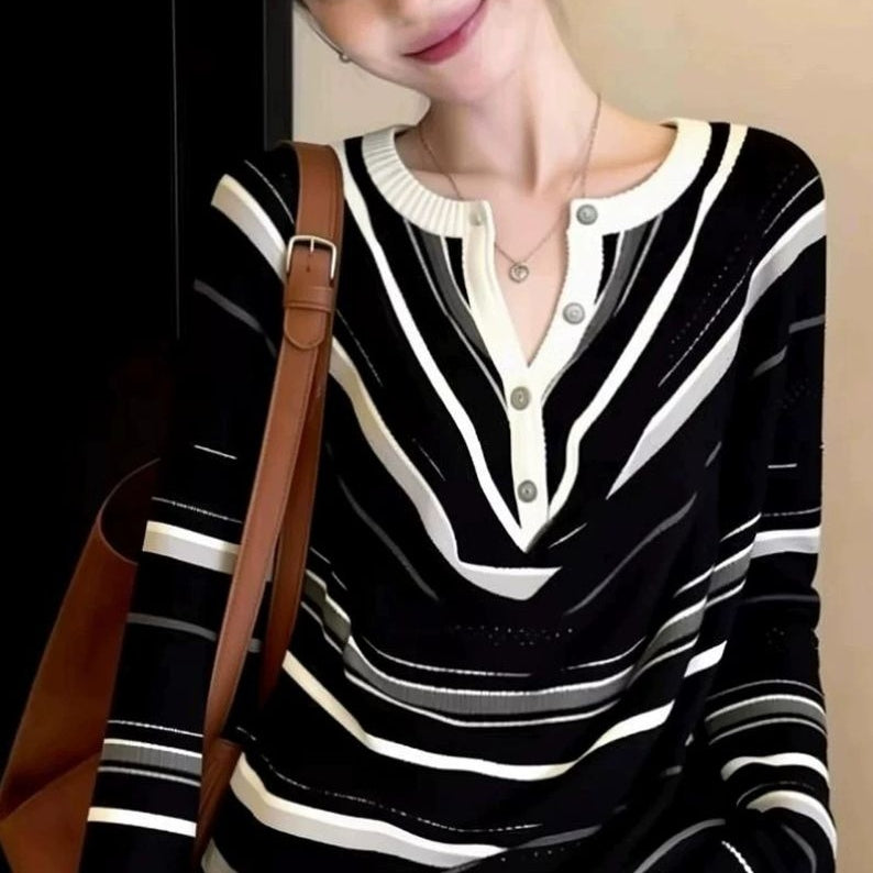 潮流時尚撞色條紋V領長袖針織衫 均碼 黑色 橫條紋 半開紐扣 厚款面料 保暖 日常 通勤 寬鬆慵懶型 20-50代 套頭 簡約 圓領 一般 紐扣 常規 休閑 羊毛 春秋 秋冬