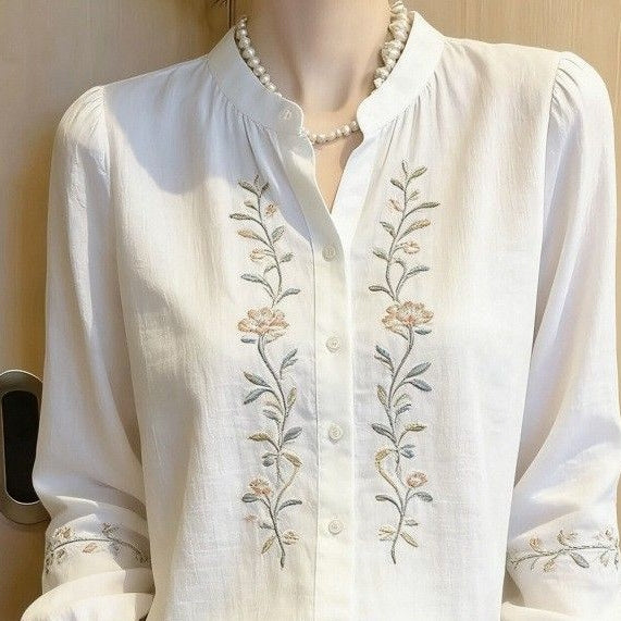 輕熟款新中式刺繡小V領長袖襯衫 S 白色 花朵 植物 春秋 混紡 聚酯纖維 天絲 20-50代 紐扣 單排扣 立領 一般 常規 優雅 復古 時尚