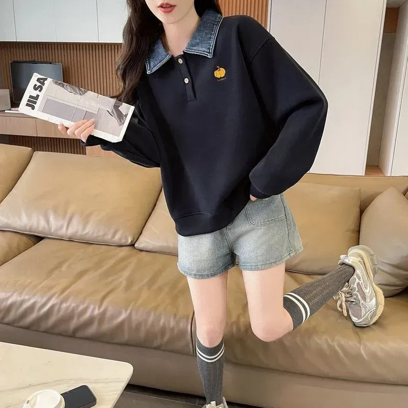 設計感時尚牛仔外翻領寬鬆衛衣 M 藏青色 素面 聚酯纖維 長袖 休閑 常規 刺繡 紐扣 短款 春秋 套頭