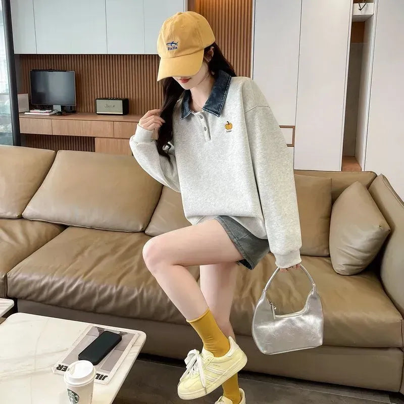 設計感時尚牛仔外翻領寬鬆衛衣 M 藏青色 素面 聚酯纖維 長袖 休閑 常規 刺繡 紐扣 短款 春秋 套頭