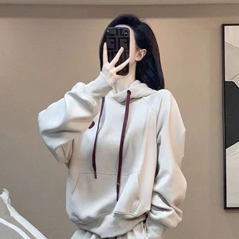 【單品可選】連帽寬鬆衛衣+顯瘦束脚褲兩件套 S 套裝/有刷毛 素面 聚酯纖維 長袖 時尚 休閑 常規 綁帶 高腰 無 秋冬 套頭