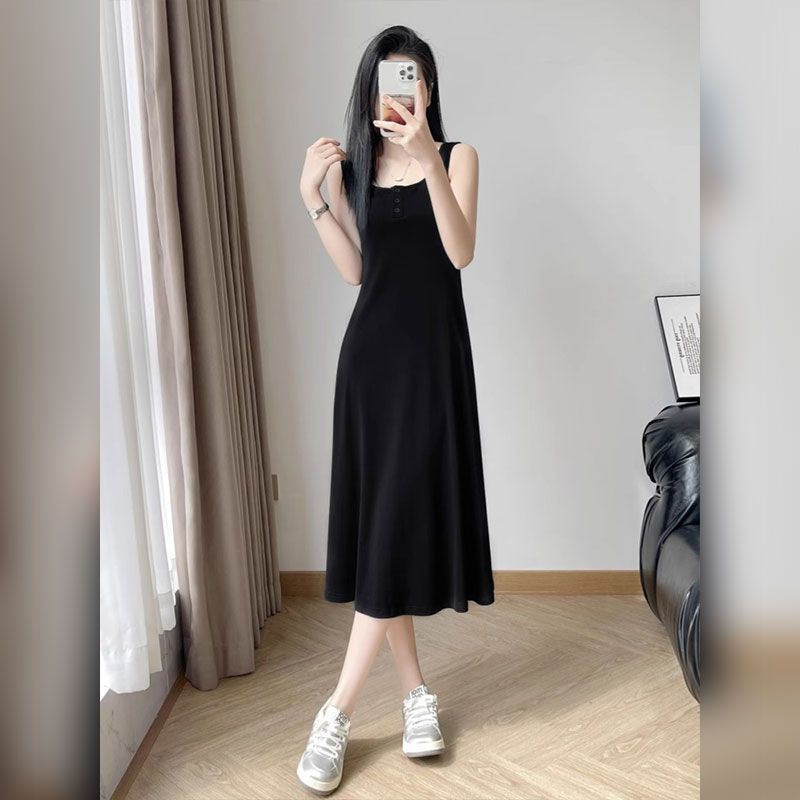 【單品可選】韓版時尚簡約牛仔短袖外套+背心長洋裝套裝 M 吊帶洋裝/單品 素面 高腰 翻領 春夏 春 夏 Ａ字裙 紐扣 牛仔布 聚酯纖維 常規 休閑