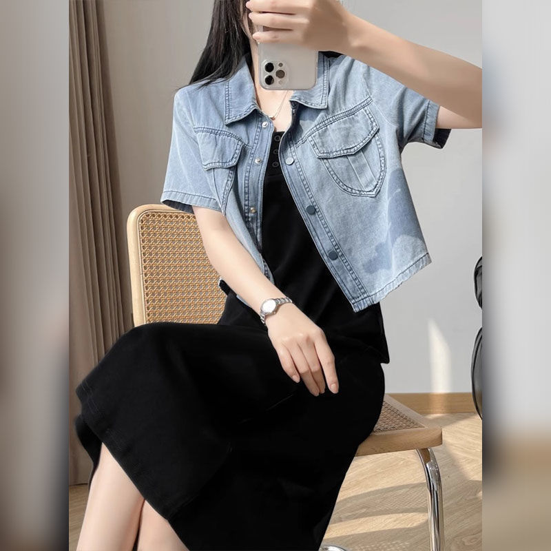 【單品可選】韓版時尚簡約牛仔短袖外套+背心長洋裝套裝 M 吊帶洋裝/單品 素面 高腰 翻領 春夏 春 夏 Ａ字裙 紐扣 牛仔布 聚酯纖維 常規 休閑