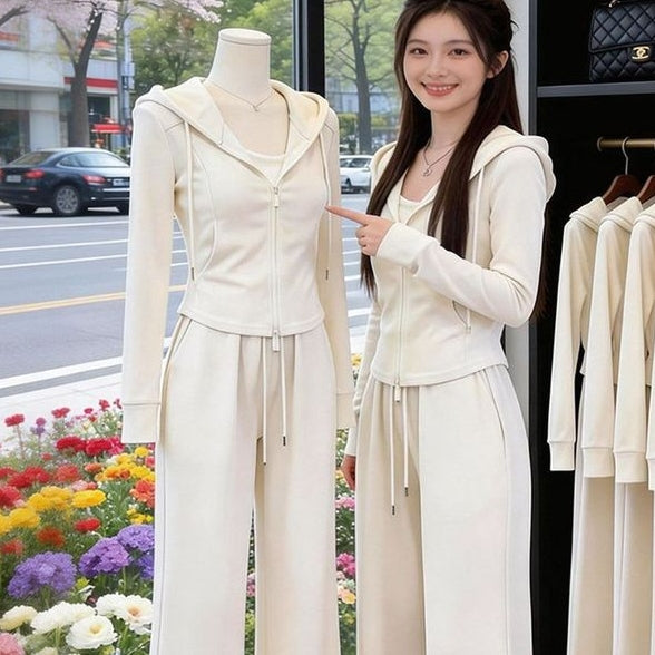 潮流連帽收腰長袖+高腰闊腿長褲 S 杏色/【兩件套】 素面 拉鏈 聚酯纖維 棉 周末 日常 假日/出外 形象升級 顯腿長 顯瘦 20-30代 兩件套 運動風 短款 帶抽繩 有口袋 拉鍊 常規 韓版 休閑 春秋 春 秋