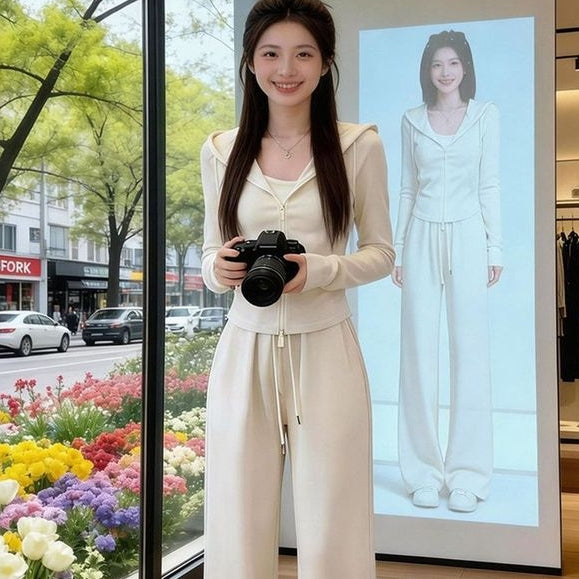 潮流連帽收腰長袖+高腰闊腿長褲 S 杏色/【兩件套】 素面 拉鏈 聚酯纖維 棉 周末 日常 假日/出外 形象升級 顯腿長 顯瘦 20-30代 兩件套 運動風 短款 帶抽繩 有口袋 拉鍊 常規 韓版 休閑 春秋 春 秋