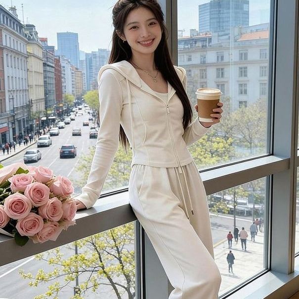 潮流連帽收腰長袖+高腰闊腿長褲 S 杏色/【兩件套】 素面 拉鏈 聚酯纖維 棉 周末 日常 假日/出外 形象升級 顯腿長 顯瘦 20-30代 兩件套 運動風 短款 帶抽繩 有口袋 拉鍊 常規 韓版 休閑 春秋 春 秋