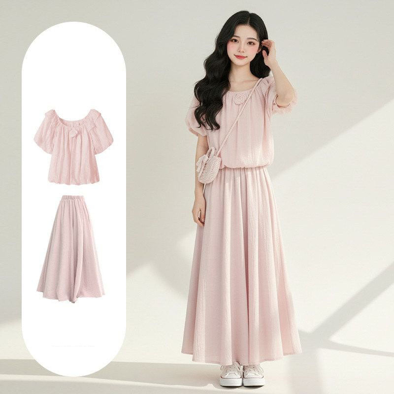 【可單件/成套購買】 韓系 花朵 泡泡袖 短袖 + 休閒 裙褲 套装 M 粉色上衣+粉色裙褲/套裝