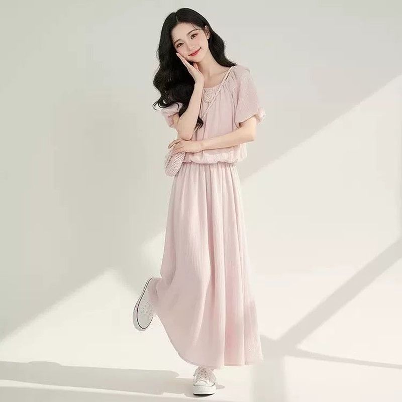 【可單件/成套購買】 韓系 花朵 泡泡袖 短袖 + 休閒 裙褲 套装 M 粉色上衣+粉色裙褲/套裝