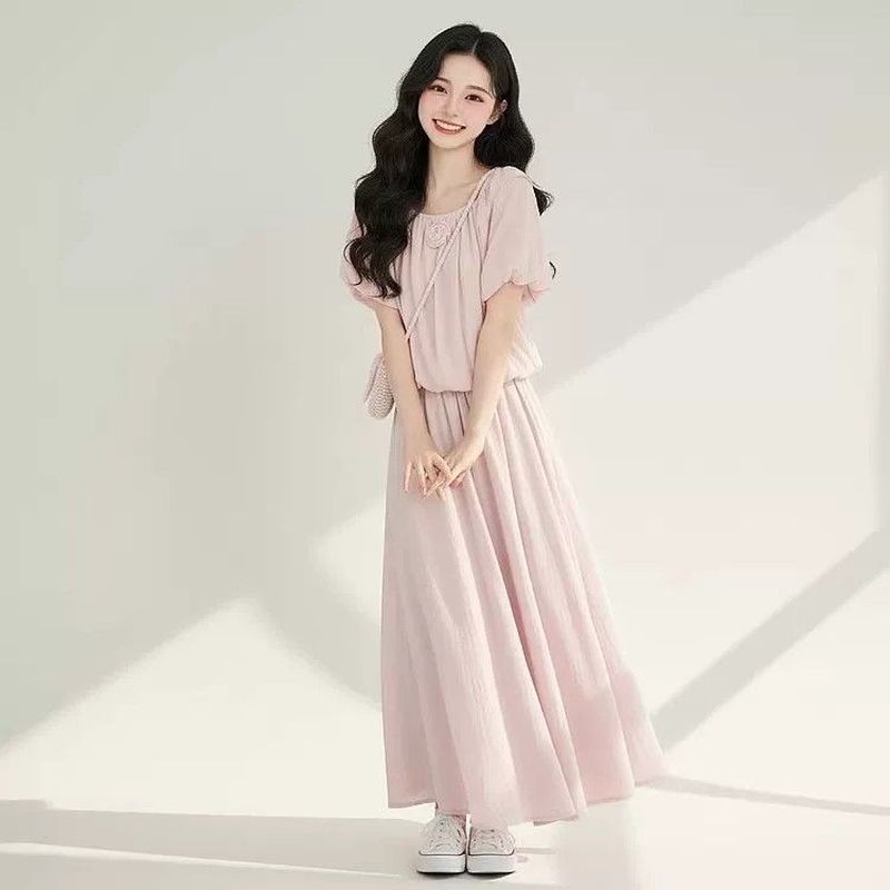 【可單件/成套購買】 韓系 花朵 泡泡袖 短袖 + 休閒 裙褲 套装 M 粉色上衣+粉色裙褲/套裝