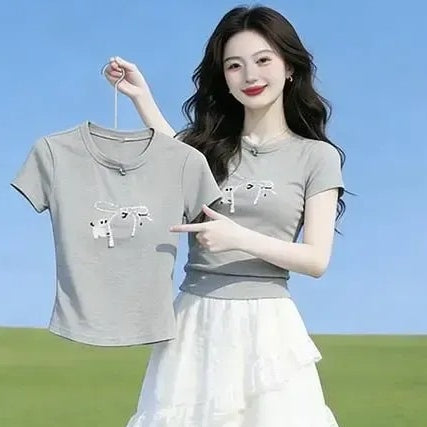 【可單件/成套購買】 甜美風印花短袖+公主蕾絲蛋糕裙 M 上衣+半身裙【兩件套】 動物 Ａ字裙 20-30代 套頭 圓領 夏 到小腿處 棉 高腰 拼接 常規 兩件套
