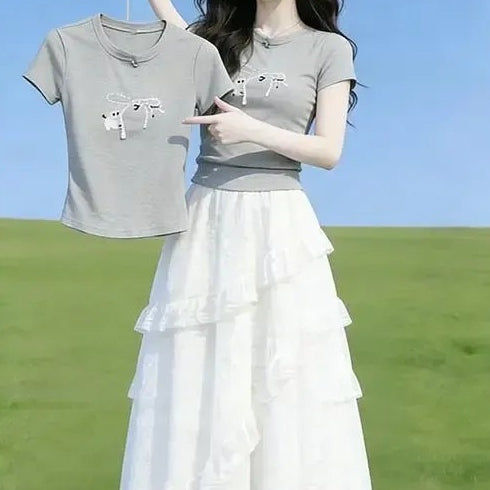 【可單件/成套購買】 甜美風印花短袖+公主蕾絲蛋糕裙 M 上衣+半身裙【兩件套】 動物 Ａ字裙 20-30代 套頭 圓領 夏 到小腿處 棉 高腰 拼接 常規 兩件套