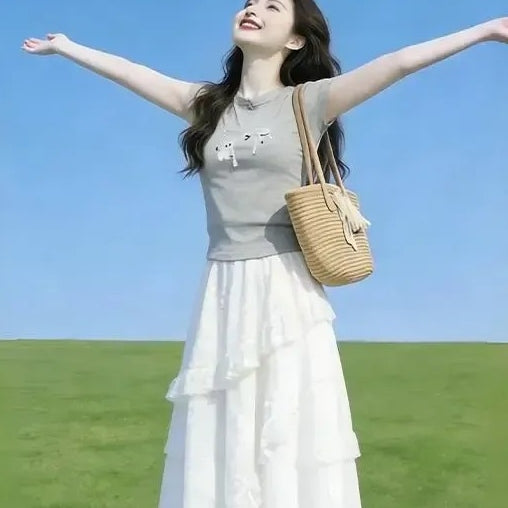 【可單件/成套購買】 甜美風印花短袖+公主蕾絲蛋糕裙 M 上衣+半身裙【兩件套】 動物 Ａ字裙 20-30代 套頭 圓領 夏 到小腿處 棉 高腰 拼接 常規 兩件套