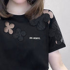 遮肉 顯瘦 上衣 繡花 網紗 棉質 短袖 t卹 M 黑色 花朵 聚酯纖維 簡約 時尚 常規 鏤空 夏 圓領 套頭 20代 30代 40代 封閉式背 自然骨架 高級感 柔軟