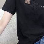 遮肉 顯瘦 上衣 繡花 網紗 棉質 短袖 t卹 M 黑色 花朵 聚酯纖維 簡約 時尚 常規 鏤空 夏 圓領 套頭 20代 30代 40代 封閉式背 自然骨架 高級感 柔軟