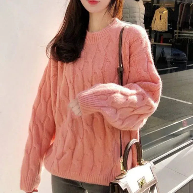 甜美色彩 韓版 慵懶風 寬鬆 保暖 加厚 麻花編織 毛衣 針織 M 綠色