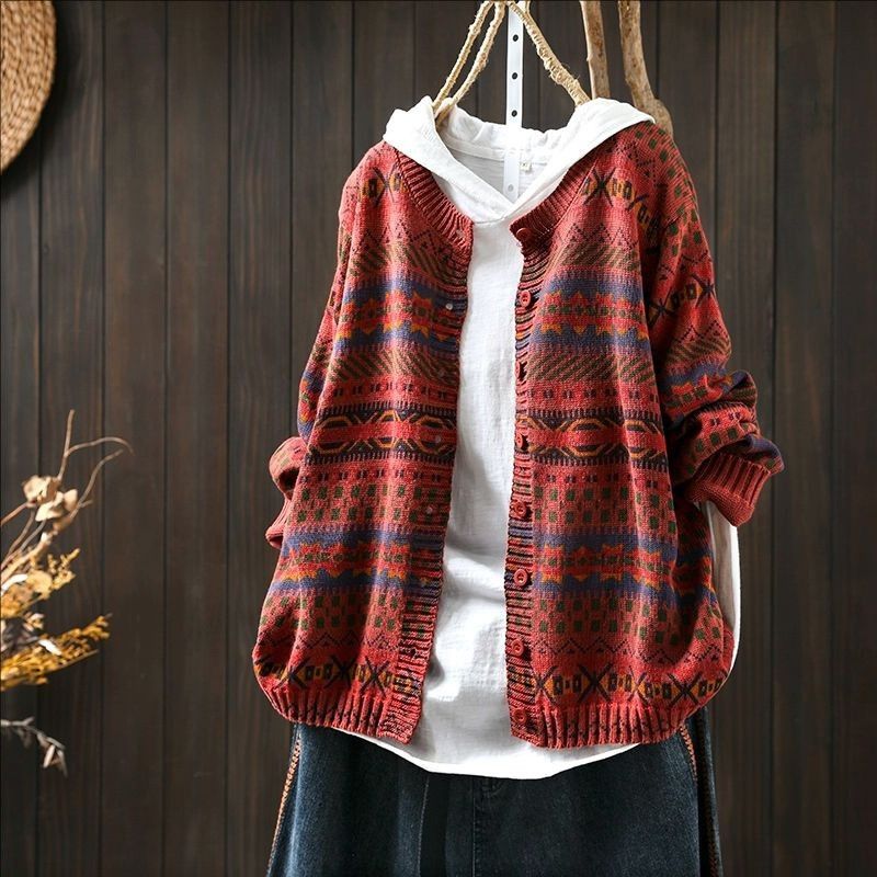 復古 慵懶風 單排扣 印花 針織 外套 均碼 紅色 幾何 30-50代 常規 落肩袖 長袖 森系 休閑 秋 春秋 秋冬 紐扣 開衫 寬鬆慵懶型 滿版印花 微寬鬆款 寬鬆感 假日/出外 日常 周末 百搭 棉 高領 V領 圓領