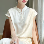 輕國風提花緞面盤扣立領短袖襯衫 S 杏色 花朵 紐扣 套頭 春夏 夏 短款 常規 真絲 聚酯纖維 輕熟 休閑 時尚 中國風 簡約