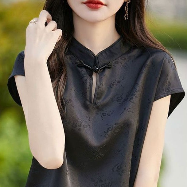 輕國風提花緞面盤扣立領短袖襯衫 S 黑色 花朵 紐扣 套頭 春夏 夏 短款 常規 真絲 聚酯纖維 輕熟 休閑 時尚 中國風 簡約