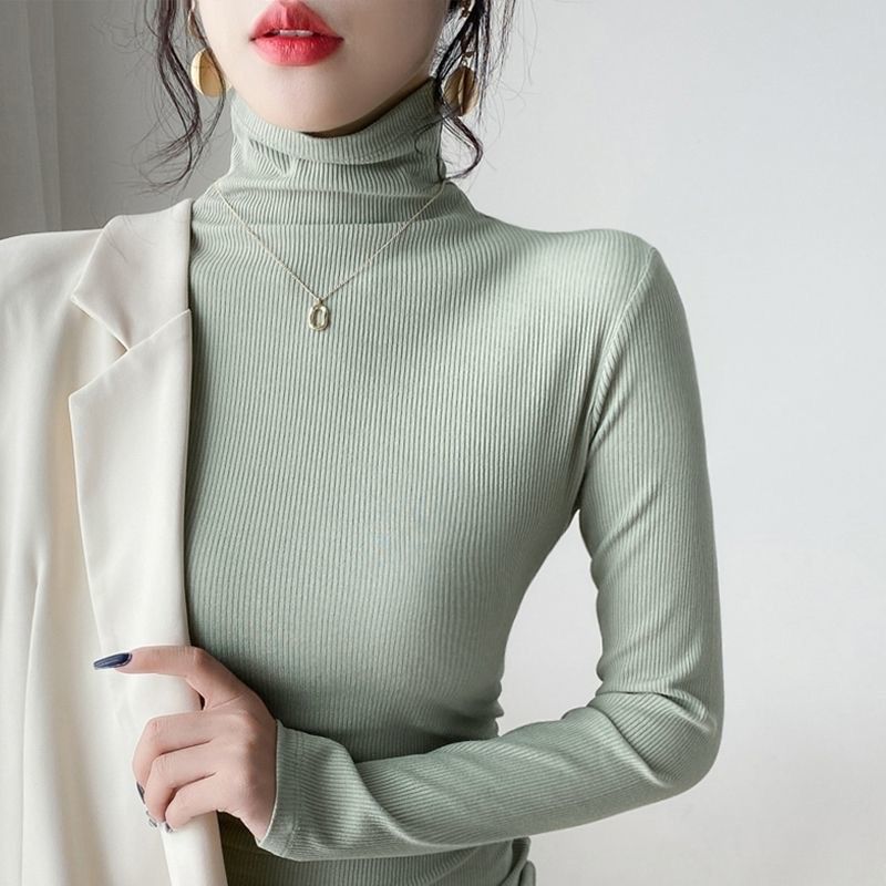 簡約好搭 洋氣 修身 螺紋 堆堆領 針織 打底衫 S 豆綠 素面 長袖 時尚 韓版 常規 無 秋 冬 秋冬 高領 套頭 20-40代 有彈性