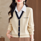 OL通勤 假兩件 襯衫領 長袖 針織衫 S 灰色