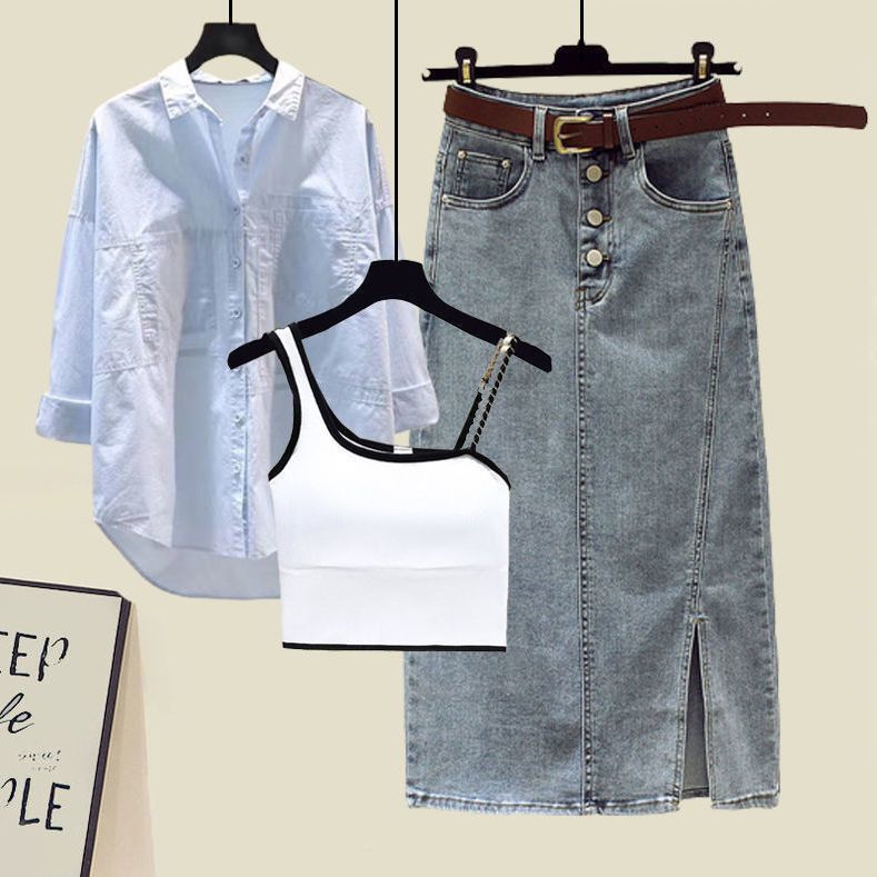 【單品可選】韓版 大尺碼 防曬 襯衫+吊帶+遮肉 顯瘦 牛仔 半身裙 三件套 M 白色吊帶+藍色襯衫+半身裙/三件套 素面 紐扣 牛仔布 聚酯纖維 長袖 無袖 簡約 休閑 常規 拼接 開叉 翻領 套頭 轉換心情 撞色 寬鬆感 假日/出外