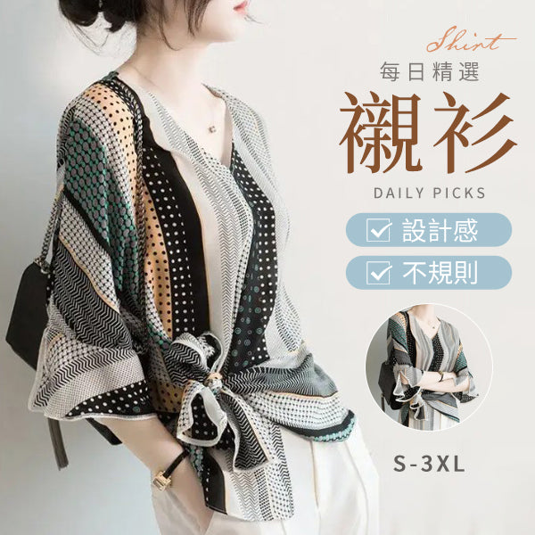 【每日精選】S-3XL 別緻 設計感 日系 寬鬆 不規則 圓點 雪紡 襯衫 S 綠色