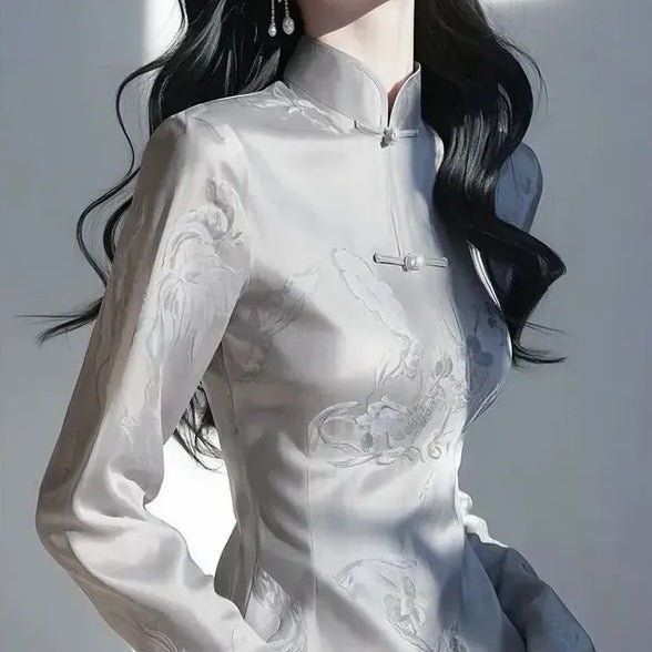 新中式高質感提花立領收腰襯衫 M 灰色 印花 真絲 長袖 中國風 復古 常規 紐扣 短款 春秋 春 秋