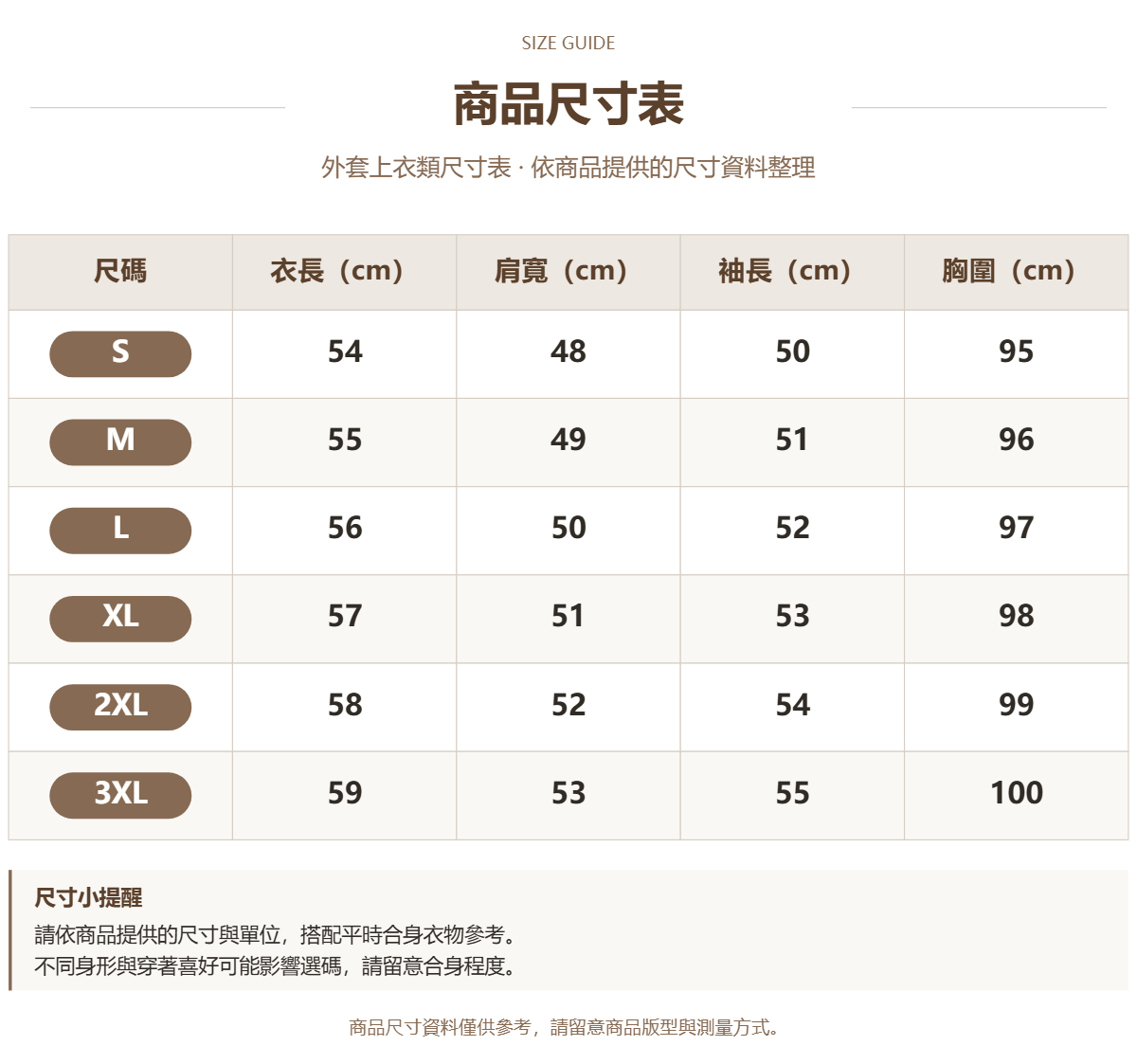 商品專用尺碼表