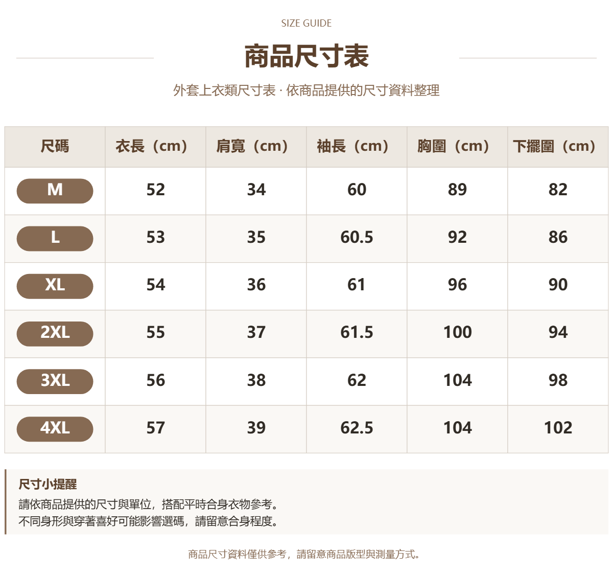 Handle 47721213 · 原ID 19504 · 外套上衣类尺码表 · 單款尺碼
