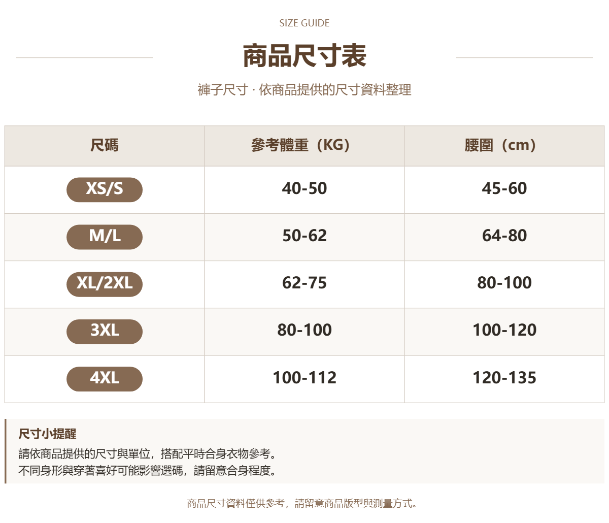 商品專用尺碼表
