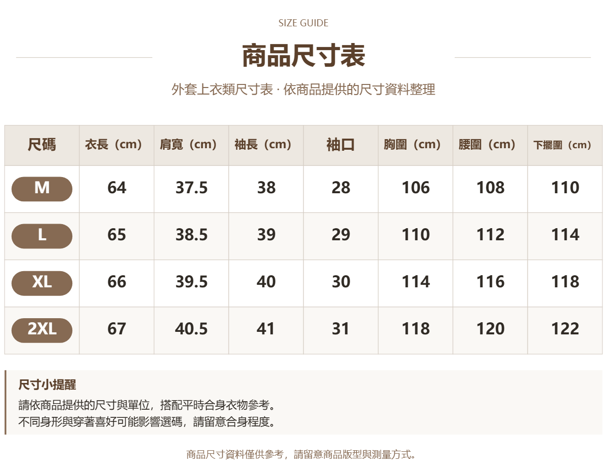 Handle 73946956 · 原ID 69702 · 外套上衣类尺码表 · 1 · 加宽