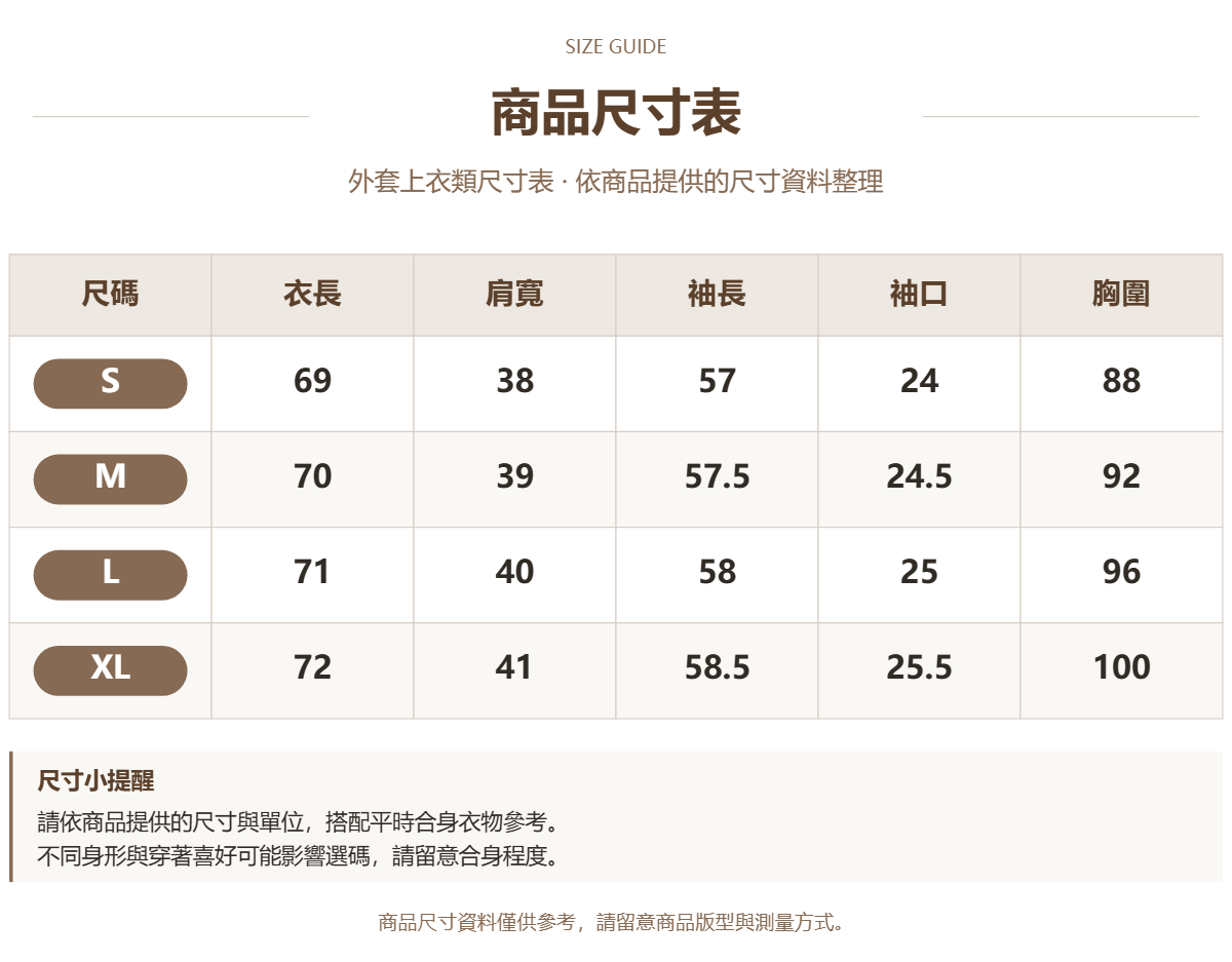 Handle 74017277 · 原ID 52430 · 外套上衣类尺码表 · 1 · 加宽